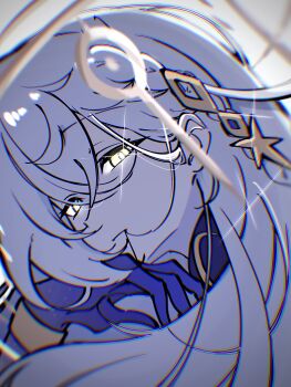 1girl absurdres blue_hair bracelet commentary_request genshin_impact glowing glowing_eyes gold gold_bracelet hair_in_own_mouth hechima_kana highres istaroth_(genshin_impact) jewelry looking_at_viewer purple_hands solo sparkle sparkling_eyes upper_body yellow_eyes