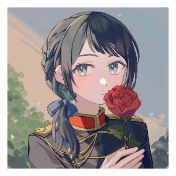 Rule 34 | 1girl, bang dream!, bang dream! it's mygo!!!!!, black hair, black jacket, blue eyes, blue ribbon, border, braid, commentary, flower, hair ribbon, highres, holding, holding flower, jacket, jenjen, looking at viewer, low side ponytail, medium hair, ribbon, rose, solo, untranslatable commentary, upper body, white border, yahata umiri