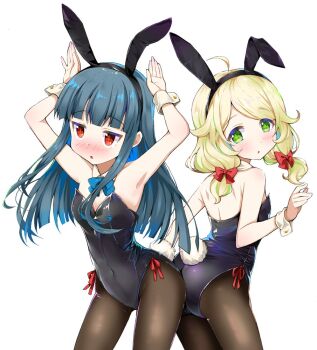 2girls ahoge animal_ear_hairband animal_ears armpits arms_up ass back-to-back bare_shoulders black_hair black_hairband black_leotard blonde_hair blue_bow blue_bowtie blunt_bangs blunt_ends blush bow bowtie breasts brown_pantyhose covered_navel cowboy_shot detached_collar fake_animal_ears fake_tail green_eyes hair_bow hairband idolmaster idolmaster_cinderella_girls jitome leotard long_hair looking_at_viewer looking_back low_twintails medium_hair michii_yuuki multiple_girls pantyhose parted_lips playboy_bunny rabbit_ears rabbit_pose rabbit_tail red_bow red_eyes sajo_yukimi simple_background small_breasts strapless strapless_leotard tail tareme twintails white_background wrist_cuffs yusa_kozue