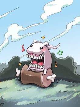 blush_stickers boned_meat digimon digimon_(creature) food highres meat musical_note no_humans outdoors qkranks sharp_teeth solo sparkle teeth tokomon