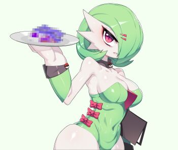 1girl bare_shoulders black_choker blush bob_cut bow breasts carrying carrying_under_arm censored censored_food choker cleavage collarbone colored_skin covered_navel drunkoak eyeliner female_focus gardevoir gen_3_pokemon green_background green_hair green_leotard hair_ornament hair_over_one_eye hairclip hand_up highres holding holding_tray leotard looking_at_viewer makeup medium_breasts menu mosaic_censoring nintendo one_eye_covered orange_eyeliner parted_lips poke_ball_symbol pokemon pokemon_(creature) red_bow red_eyes shiny_clothes shiny_skin short_hair simple_background skindentation solo standing strapless strapless_leotard teeth tray waitress white_skin wide_hips wrist_cuffs