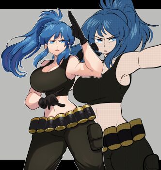 1girl absurdres bare_shoulders black_gloves black_shirt black_tank_top blue_eyes blue_hair breasts commentary earrings english_commentary fighting_stance gloves green_pants highres jewelry large_breasts leona_heidern missandydandy multiple_views navel pants ponytail serious shirt sidelocks sleeveless sleeveless_shirt solo tank_top the_king_of_fighters the_king_of_fighters_xiii v-shaped_eyebrows