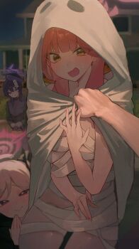 3girls absurdres aru_(blue_archive) bandages beret blue_archive blue_eyes blue_hair blue_halo blue_hat blunt_bangs blush closed_mouth clothes_grab flustered halloween halo hand_to_own_mouth haruka_(blue_archive) hat highres hood hood_up multiple_girls mutsuki_(blue_archive) naked_bandage open_mouth pink_hair pov sheet_ghost shihnji282 short_hair smile sweatdrop white_hair yellow_eyes