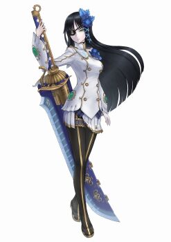 1girl black_hair eyepatch female_focus flower green_eyes hair_flower hair_ornament nagisa_(phantasy_star) official_art pantyhose phantasy_star phantasy_star_portable_2 phantasy_star_portable_2_infinity pleated_skirt simple_background skirt solo sword weapon white_background