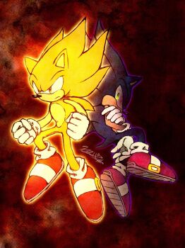 2boys aura clenched_hands commentary_request dark_persona dark_sonic dual_persona floating gloves glowing glowing_eyes green_eyes highres male_focus multiple_boys orange_eyes red_footwear serious shoes signature sneakers sonic_(series) sonic_the_hedgehog super_sonic white_gloves yuisupa