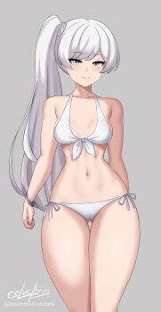 1girl bikini blue_eyes bracelet breasts cowboy_shot cslucaris gluteal_fold grey_background high_side_ponytail highres jewelry looking_at_viewer navel rwby scar scar_across_eye scar_on_face simple_background small_breasts solo stomach swimsuit weiss_schnee white_bikini white_hair wide_hips