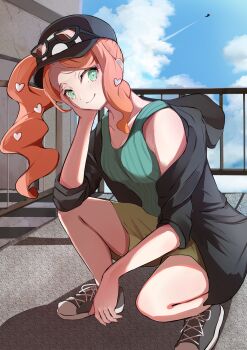 1girl absurdres aqua_eyes aqua_shirt baseball_cap black-framed_eyewear black_footwear black_hat black_jacket blue_sky blush closed_mouth cloud dragapult eyewear_on_headwear flying gen_8_pokemon hair_ornament hat heart heart_hair_ornament highres hood hood_down hooded_jacket jacket long_hair nintendo open_clothes open_jacket orange_hair pokemon pokemon_(creature) pokemon_swsh rooftop shirt shoes side_ponytail sky sleeveless smile sonia_(pokemon) streetwear sunglasses tsukune2398