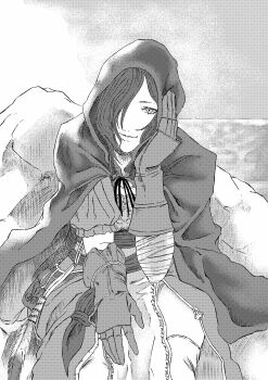 1girl 913kousatu absurdres cape closed_mouth commentary_request cowboy_shot dark_souls_(series) dark_souls_ii dress emerald_herald gloves greyscale hair_over_one_eye hand_on_own_cheek hand_on_own_face highres hood hood_up hooded_cape horizon leaning_forward long_bangs looking_at_viewer monochrome ocean outdoors short_hair smile solo