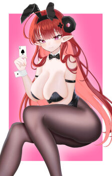 1girl absurdres ace_(playing_card) ace_of_spades animal_ear_hairband animal_ears arm_under_breasts azur_lane bare_shoulders black_horns black_leotard black_pantyhose breasts card commentary_request curled_horns detached_collar fake_animal_ears feet_out_of_frame hairband highres hindenburg_(azur_lane) hindenburg_(delirious_duel)_(azur_lane) holding holding_card horns invisible_chair large_breasts leotard lizhizhengdan long_hair looking_at_viewer official_alternate_costume pantyhose pink_background playboy_bunny playing_card rabbit_ear_hairband rabbit_ears red_eyes sitting solo spade_(shape) strapless strapless_leotard two-tone_background undersized_breast_cup very_long_hair white_background