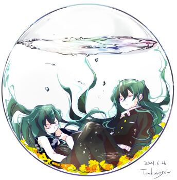 2boys air_bubble artist_name black_pants black_shirt bubble closed_mouth dated fishbowl gakuran ginkgo_leaf green_hair highres kimetsu_no_yaiba leaf long_hair long_sleeves lying male_focus multiple_boys on_back pants school_uniform shirt simple_background sleeping sleeveless sleeveless_shirt tokitou_muichirou tokitou_yuichirou tomkureson water white_background