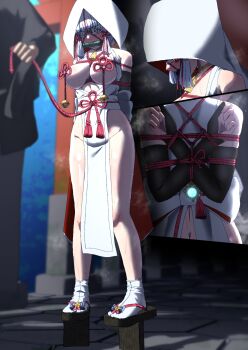 1girl arms_behind_back ayaka_(genshin_impact) bdsm bit_gag blindfold blush bondage bound bound_arms breasts breasts_out commentary_request female_focus gag gag_harness gagged genshin_impact highres nipple_rub nipple_stimulation nipples no_bra original outdoors restrained rope shibari standing tabi white_hair zetsu_red