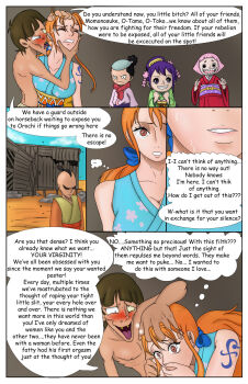 2boys 3girls ass breasts brown_eyes dark-skinned_male dark_skin english_text highres japanese_clothes kimono large_breasts long_hair multiple_boys multiple_girls nami_(one_piece) nami_(one_piece)_(wano) one_piece open_mouth orange_hair source_request text_focus translation_request