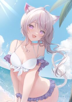 1girl :d ahoge animal_ear_fluff animal_ears bare_shoulders beach bikini blue_sky breasts cat_ears cat_girl cat_tail cleavage cloud collarbone commission cowboy_shot day detached_sleeves floating_hair frilled_bikini frilled_sleeves frills front-tie_bikini_top front-tie_top grey_hair highres horizon indie_virtual_youtuber kurage_cc leaning_forward light_rays long_hair looking_at_viewer multi-strapped_bikini_top multicolored_bikini multicolored_hair nekoyama_mia_(vtuber) ocean open_mouth outdoors palm_tree pink_eyes sidelocks skeb_commission sky smile solo streaked_hair swimsuit tail tail_raised tree two-tone_bikini virtual_youtuber