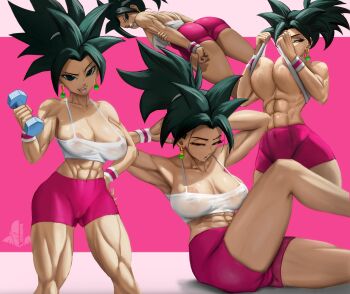 1girl abs absurdres alternate_costume alternate_hairstyle areola_slip armpits ass black_eyes black_hair breasts collarbone covered_erect_nipples dragon_ball dragon_ball_super dumbbell earrings elite_nappa exercising eyes_almost_closed hand_on_own_hip highres jewelry kefla_(dragon_ball) large_breasts muscular muscular_female open_mouth pink_background poses potara_earrings shorts smile spiked_hair sportswear sweat teasing teeth training undressing
