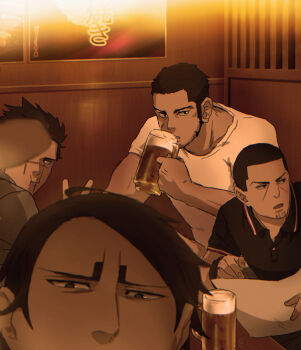 0109_(artist) 4boys alcohol beard beer beer_mug black_hair bunny_ears_prank chinstrap_beard closed_mouth commentary_request cup dark-skinned_male dark_skin drinking drinking_glass eating facial_hair goatee_stubble golden_kamuy green_jacket holding holding_cup holding_paper jacket koito_otonoshin looking_at_viewer looking_to_the_side male_focus mug multiple_boys open_mouth paper parted_lips polo_shirt scar scar_on_face selfie shirt short_hair sideburns sitting stubble sugimoto_saichi t-shirt table tanigaki_genjirou tsukishima_hajime watch white_shirt window wooden_table wristwatch