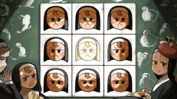 Rule 34 | > <, 4girls, :o, animal, animal on head, beret, bird, blonde hair, brown eyes, brown hair, cat, cat on head, chalkboard, chicken, commentary, diva (hyxpk), duck, english commentary, freckles, froggy nun (diva), grey hair, hat, highres, little nuns (diva), multiple girls, nun, on head, painting (object), red hat, sheep nun (diva), shiny forehead, spicy nun (diva), sunglasses, traditional nun, triangle mouth, yellow eyes