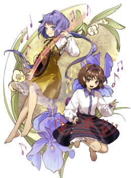 Rule 34 | 2girls, barefoot, brown eyes, brown hair, commentary request, floating, flower, full body, hair flower, hair ornament, highres, holding, holding instrument, instrument, kaigen 1025, looking at viewer, low twintails, multiple girls, music, pipa (instrument), playing instrument, purple eyes, purple hair, sheet music, smile, touhou, tsukumo benben, tsukumo yatsuhashi, twintails