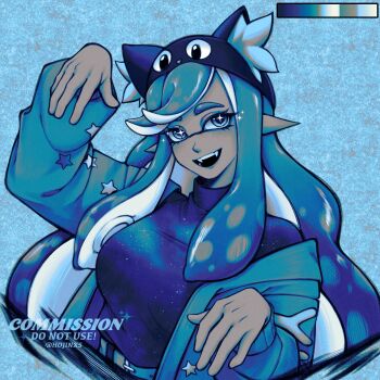 +_+ 1girl arm_up blue_eyes blue_hair breasts commission dark-skinned_female dark_skin fangs highres hojinxs inkling_girl inkling_player_character large_breasts limited_palette long_hair long_sleeves looking_at_viewer nintendo open_mouth smile solo splatoon_(series) teeth tentacle_hair upper_teeth_only