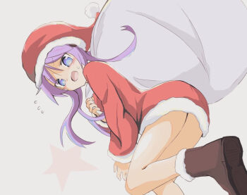 1girl bare_legs blue_eyes blush boots brown_boots commentary dress embarrassed from_below fur-trimmed_boots fur-trimmed_dress fur-trimmed_headwear fur_trim gnyx7423 hat hiiragi_kagami legs looking_at_viewer lucky_star multicolored_eyes purple_eyes purple_hair red_dress red_hat sack santa_costume santa_dress santa_hat simple_background solo standing standing_on_one_leg sweatdrop thighs tsurime v-shaped_eyebrows white_background