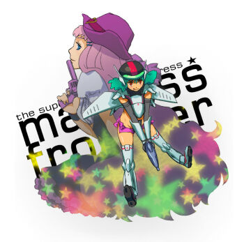 cowboy_hat green_eyes gun hat long_hair macross macross_frontier macross_frontier:_itsuwari_no_utahime ooomi pink_hair ranka_lee red_eyes sheryl_nome vf-25 weapon cowboy_western