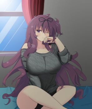 1girl bed bed_sheet breasts crossed_legs grey_shirt hand_on_own_face head_ribbon huge_breasts long_hair messy_hair murasaki_(senran_kagura) one_eye_closed pale_skin purple_eyes purple_hair senran_kagura shirt sitting sitting_on_object window
