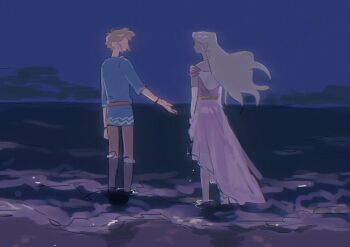 Rule 34 | 1boy, 1girl, beach, blue shirt, commentary request, dark-skinned female, dark skin, link, long hair, looking at another, night, nintendo, official alternate costume, outdoors, pointy ears, princess zelda, reaching, reaching towards another, sand, senzo6700, shirt, short hair, sky, standing, tetra, the legend of zelda, the legend of zelda: the wind waker, water