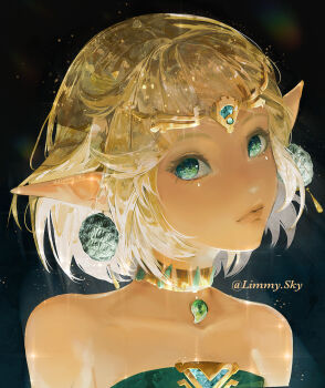 Rule 34 | 1girl, aegyo sal, arms at sides, bare shoulders, black background, blonde hair, circlet, closed mouth, collarbone, colored eyelashes, commentary, earrings, english commentary, gem, gold choker, gold circlet, green eyes, green gemstone, green shirt, hair flaps, head tilt, highres, instagram username, jewelry, light particles, limmysky, lips, looking at viewer, nintendo, pointy ears, portrait, pout, princess zelda, shirt, short hair, sideways glance, simple background, solo, sparkle, strapless, strapless shirt, the legend of zelda, underlighting