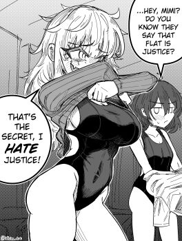 2girls ahoge arms_up blush breast_envy breasts cleavage clothes_lift colored_inner_animal_ears commentary covered_navel english_commentary english_text fang greyscale highres long_hair long_sleeves medium_hair messy_hair mimi_(nhim) monochrome multiple_girls nhim one-piece_swimsuit open_mouth original sideboob skin_fang small_breasts smile standing sweater sweater_lift swimsuit swimsuit_under_clothes undressing v-shaped_eyebrows