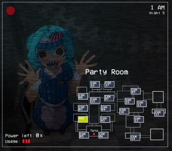 1girl black_eyes blue_dress blue_hair blue_hat commentary dress empty_eyes english_commentary five_nights_at_freddy's from_above full_body grey_background hair_between_eyes hair_intakes hat hatsune_miku highres long_hair looking_at_viewer mesmerizer_(vocaloid) open_mouth paper_chain puffy_short_sleeves puffy_sleeves security_camera sharp_teeth short_sleeves smile solo static striped_clothes striped_dress tchairss teeth tongue tongue_out twintails vertical-striped_clothes vertical-striped_dress visor_cap vocaloid waving