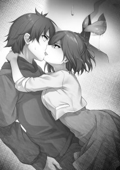 1boy 1girl 9-nine- amatsuji breast_press cowboy_shot eye_contact forced_kiss french_kiss from_side greyscale hair_between_eyes half_updo hetero high-waist_skirt highres hood hood_down hoodie hug kiss leaning_forward long_sleeves looking_at_another medium_hair monochrome naruse_satsuki niimi_kakeru non-web_source open_mouth profile shirt short_hair simple_background skirt sleeves_rolled_up smile spiked_hair spoilers surprise_kiss surprised sweatdrop tongue tongue_out v-shaped_eyebrows white_background wide-eyed zoom_layer