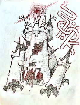 Rule 34 | chess piece, claws, fangs, highres, holding, holding staff, limited palette, monster, original, ringed eyes, rook (chess), sharp teeth, staff, teeth, tower, traditional media, white background, zals