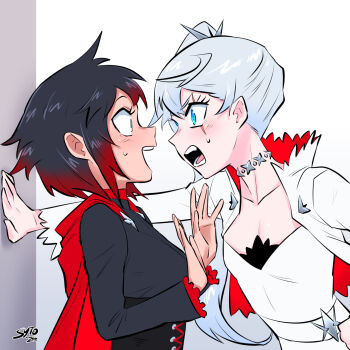 2girls against_wall black_dress blue_eyes blush breasts cape cleavage cloak corset cropped_jacket dress eye_contact grey_eyes hand_on_wall highres hood hooded_cloak jewelry kabedon long_hair long_sleeves looking_at_another multiple_girls necklace open_mouth ponytail red_cape ruby_rose rwby scar scar_across_eye scar_on_face side_ponytail small_breasts strapless strapless_dress sytokun tiara weiss_schnee white_hair yuri