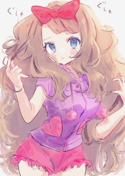 1girl blue_eyes blush bow_hairband brown_hair closed_mouth commentary_request cowboy_shot eyelashes hairband hands_up highres long_hair looking_at_viewer mcmcusg messy_hair nintendo pajamas pokemon pokemon_(anime) pokemon_xy_(anime) purple_shirt red_hairband serena_(pokemon) shirt short_sleeves shorts solo white_background