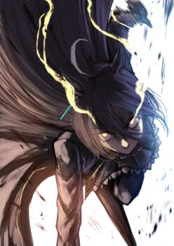 1girl absurdres ahoge animal_ears black_coat black_gloves black_hair black_pantyhose black_skirt coat ear_tag earrings eye_trail gloves hair_between_eyes hasewo highres horse_ears horse_girl horse_tail jewelry light_trail long_bangs long_hair long_hair_between_eyes long_sleeves looking_at_viewer manhattan_cafe_(creeping_black)_(umamusume) manhattan_cafe_(umamusume) multicolored_hair necktie pantyhose running shirt single_earring skirt solo tail umamusume very_long_hair white_hair yellow_eyes yellow_necktie