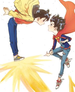 2boys absurdres atom_(pluto) black_hair blue_eyes bodysuit cape character_request child crossover dc_comics denim flying gozerdor highres jacket jeans jonathan_kent leotard looking_at_another male_focus multiple_boys open_mouth pants pluto_(manga) pluto_(tetsuwan_atom) red_footwear red_shirt shirt short_hair superboy superhero_costume superman_(series) torn_clothes torn_jeans torn_pants white_background yellow_jacket