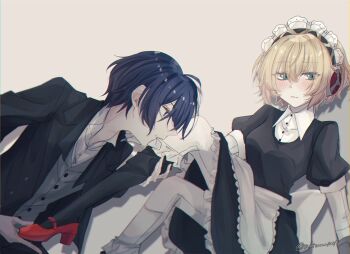 1boy 1girl ahoge aigis_(persona) alternate_costume apron aqua_eyes back_bow biting biting_clothes black_dress black_jacket black_socks black_thighhighs block_heels blonde_hair blue_hair blush bow butler commentary_request cream_background double-parted_bangs dress dress_shirt foot_out_of_frame frilled_dress frilled_socks frilled_thighhighs frills full_body hair_between_eyes hand_on_another&#039;s_leg hetero highres holding_another&#039;s_foot jacket knees_up looking_at_viewer maid maid_apron maid_headdress mechanical_arms mechanical_legs persona persona_3 red_shoes removing_thighhigh robot_ears robot_girl sakizome shadow shirt shoes short_hair simple_background single_thighhigh sitting socks thighhighs twitter_username upper_body white_apron white_bow white_shirt yuuki_makoto_(persona_3)