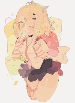 1girl arm_warmers asymmetrical_bangs backpack bag black_skirt blonde_hair bow breasts chinatsu_remiel closed_mouth commentary_request cropped_legs green_eyes hair_ornament hairclip heisei_retro highres jewelry looking_at_viewer miniskirt necktie one_eye_closed pink_arm_warmers pink_bag red_necktie shirt short_hair skirt small_breasts solo striped_arm_warmers usa37107692 white_background white_shirt winged_bag y2k_fashion zenless_zone_zero