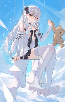 1girl above_clouds absurdres black_bow black_ribbon blue_sky bow breasts character_request cleavage clothing_cutout cloud commentary_request day detached_sleeves dress hair_ornament hair_ribbon highres holding holding_stuffed_toy long_hair looking_at_viewer original purple_eyes ribbon sitting sky small_breasts solo stuffed_animal stuffed_toy swing_set teddy_bear thighhighs toes underboob very_long_hair white_dress white_hair white_thighhighs xiao_lin_jiu
