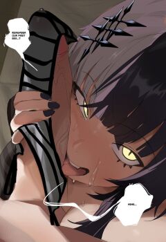 1boy 1girl arm_warmers black_hair black_nails blunt_bangs breasts commentary english_commentary english_text erection fellatio grey_hair hair_ornament handjob hetero hololive hololive_english licking licking_penis long_hair looking_at_viewer making-of_available medium_breasts multicolored_hair oral panties panties_on_penis penis penis_on_face pov shiori_novella shiori_novella_(1st_costume) smewed smile speech_bubble split-color_hair striped_arm_warmers striped_clothes striped_panties two-tone_hair uncensored underwear virtual_youtuber yellow_eyes