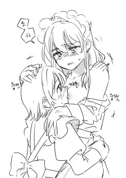 2girls absurdres biting blush commentary_request girls_band_cry greyscale habsida_(habsida_hpy) hand_on_another&#039;s_head hand_on_another&#039;s_waist highres iseri_nina juliet_sleeves kawaragi_momoka korean_commentary korean_text long_hair long_sleeves maid maid_headdress monochrome multiple_girls nipple_biting nipple_stimulation off_shoulder puffy_sleeves short_hair speech_bubble translation_request yuri