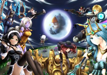 5boys 6+girls alternate_costume aqua_eyes arm_cannon armlet armor ashe_(league_of_legends) ass bare_shoulders bent_over black_hair black_legwear blade blitzcrank blonde_hair blue_hair blush boots breasts brown_hair cape cigar cleavage closed_eyes cloud colored_skin crime_city_miss_fortune enmaided ezreal fedora fingerless_gloves french_maid_nidalee frills frostblade_irelia full_moon garter_straps gauntlets gloves green_eyes hair_ornament hat highres hooves horns irelia jewelry kicking league_of_legends lee_sin long_hair maid maid_headdress makishima_rin miss_fortune_(league_of_legends) moon multiple_boys multiple_girls muscular necklace nidalee open_mouth pants pointy_ears ponytail purple_skin rainbow red_eyes red_hair robot scarf short_hair singed single_horn skin_tight smile smoking soraka_(league_of_legends) staff sunglasses talon_(league_of_legends) teemo thighhighs thumbs_up tristana_(league_of_legends) visor weapon white_hair wrist_cuffs yellow_eyes yordle