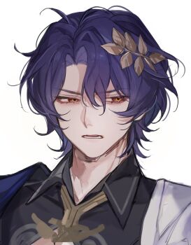 Rule 34 | 1boy, black shirt, blue hair, collared shirt, commentary request, dr. ratio (honkai: star rail), eyelashes, highres, honkai: star rail, honkai (series), laurels, looking to the side, lower teeth only, male focus, open mouth, parted hair, portrait, red eyes, shirt, short hair, sideways glance, simple background, solo, teeth, white background, wing collar, zonega4u