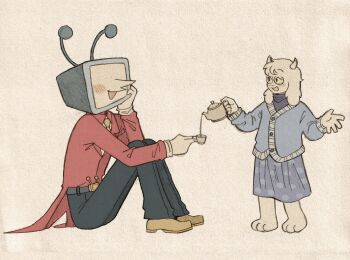 1boy 1girl :d animal_ears ant_tenna belt belt_buckle black_belt black_pants blue_cardigan blue_shirt blue_sky blush_stickers brown_shoes buckle canvas_(medium) cardigan coat colored_pencil_(medium) commentary cup deltarune english_commentary full_body furry furry_female gloves goat_ears goat_girl goat_horns graphite_(medium) hand_on_own_face highres holding holding_cup holding_teapot horns necktie object_head open_mouth pants pointy_nose red_coat shirt shoes sitting sky smile szivarvanyturmix02 tailcoat teapot toriel traditional_media utdr_(toby_fox) w_arms white_fur white_gloves white_shirt yellow_necktie