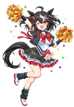 1girl ;d ahoge animal_ears black_hair black_jacket black_skirt black_socks blush breasts cheerleader commentary_request confetti cropped_jacket frilled_skirt frills full_body hair_between_eyes hair_ornament highres horse_ears horse_girl horse_tail jacket kitasan_black_(umamusume) looking_at_viewer loose_socks medium_breasts multicolored_hair one_eye_closed open_clothes open_jacket open_mouth pleated_skirt pom_pom_(cheerleading) puffy_short_sleeves puffy_sleeves red_eyes ribbed_socks shirt shoes short_sleeves simple_background skirt smile socks solo standing standing_on_one_leg streaked_hair tail terimuku two_side_up umamusume white_background white_hair white_shirt white_shoes