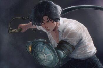 1boy absurdres black_hair black_pants blue_eyes closed_mouth colossusmibl7 commentary highres holding holding_sword holding_weapon leaning_forward lies_of_p looking_at_viewer male_focus mechanical_arms pants pectoral_cleavage pectorals pinocchio_(lies_of_p) prosthesis prosthetic_arm rain shirt short_hair single_mechanical_arm solo sword v-shaped_eyebrows weapon wet wet_clothes wet_shirt white_shirt