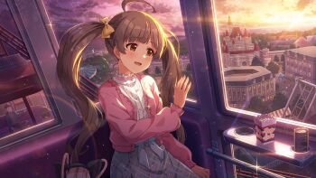 1girl ahoge amusement_park blue_skirt blush bow brown_eyes brown_hair can commentary_request drink_can ferris_wheel ferris_wheel_interior floral_print floral_print_skirt food game_cg hair_bow hakozaki_serika hand_on_window idolmaster idolmaster_million_live! idolmaster_million_live!_theater_days long_hair long_sleeves looking_to_the_side official_art outdoors pink_shirt popcorn print_skirt shirt sitting skirt solo sunset third-party_source twintails yellow_bow
