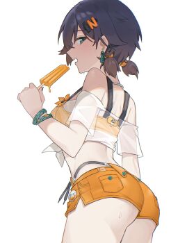 1girl ;) ass belle_(summer_skies)_(zenless_zone_zero) belle_(zenless_zone_zero) blue_hair breasts cowboy_shot crop_top earrings food green_eyes hair_ornament highres holding holding_food holding_popsicle jewelry large_breasts letter_hair_ornament midriff navel no_headwear noir_(noir_reveur) official_alternate_costume one_eye_closed open_mouth orange_shorts popsicle see-through_clothes see-through_shirt shirt shorts simple_background smile solo tied_shirt white_background white_shirt zenless_zone_zero