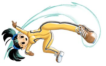 1girl 2020 alternate_breast_size black_eyes black_hair bodysuit breasts buck_teeth cosplay flying_kick hair_ornament hair_scrunchie highres kicking long_hair medium_breasts mii_(nintendo) mii_brawler minuspal mob_face nintendo official_alternate_costume one_eye_closed open_mouth scrunchie shoes short_twintails simple_background skin_tight sneakers solid_circle_eyes solo super_smash_bros. teeth twintails underboob upper_teeth_only upside-down white_background yellow_bodysuit