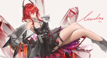 1girl absurdres arknights arknights:_endfield armpits artist_name bare_shoulders belt black_belt black_boots black_dress black_gloves black_horns boots breasts character_name chinese_commentary cleavage closed_mouth commentary_request crossed_bangs crossed_legs crystal demon_girl demon_horns dress elbow_gloves feet_out_of_frame food gloves grey_background hair_between_eyes hair_intakes highres holding holding_food holding_ice_cream_cone horns ice_cream_cone laevatain_(arknights) large_breasts long_hair looking_at_viewer purple_eyes red_hair revision shale short_dress sideless_dress sidelocks simple_background sitting solo surtr_(arknights) thigh_strap