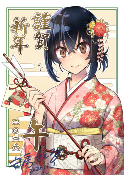 1girl abo_(hechouchou) arrow_(projectile) black_hair brown_eyes chinese_zodiac closed_mouth commentary_request dated egasumi ema floral_print flower flying_sweatdrops hair_between_eyes hair_flower hair_ornament hamaya holding holding_arrow japanese_clothes kimono looking_at_viewer obi original pink_kimono print_kimono red_flower sash solo upper_body watermark wavy_mouth year_of_the_horse